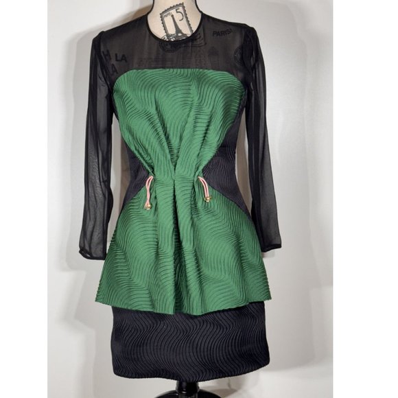 Mary Katrantzou Eilate Black/Green Mini Cinched Dress Womens Size 6 US - Picture 2 of 6